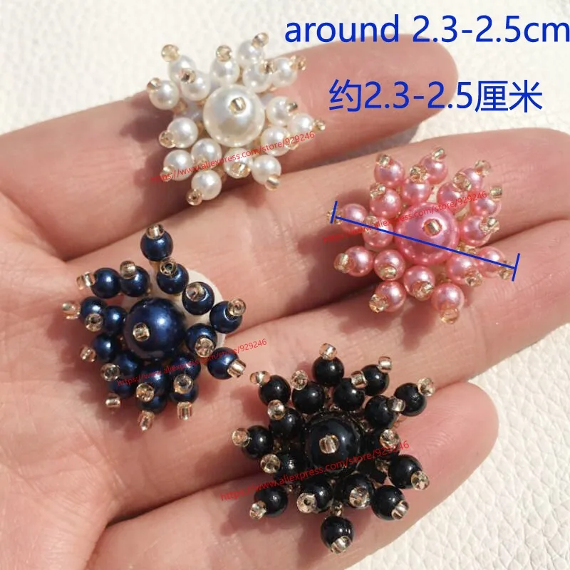 50pcs/lot wholesale small beaded pink flowers for hairdress ornaments sewing-on black white beads patch for sweaters DIY stuffs