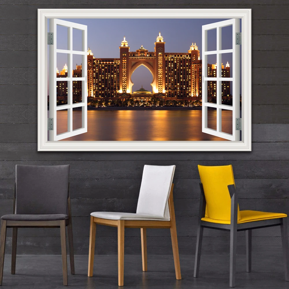 3D Window View Wall Sticker, Night City Landscape Decal, Vinyl Wallpaper Peel and Stick, Home Decor, Living Room