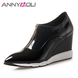 ANNYMOLI Women Pumps High Heels Patent Leather Wedges High Heels Shoes Zipper Pointed Toe Ladies Shoes New Spring Red Size 34-40