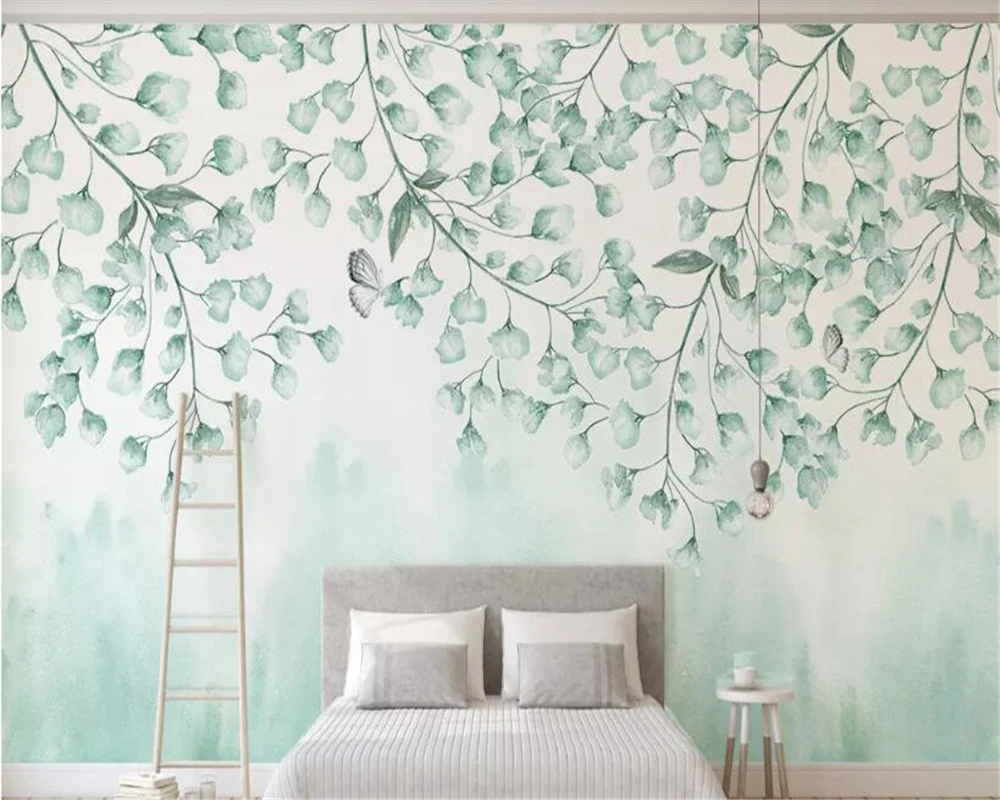 

beibehang Custom fresh green leaves watercolor style vine man plant Nordic minimalist TV background wall decorative painting