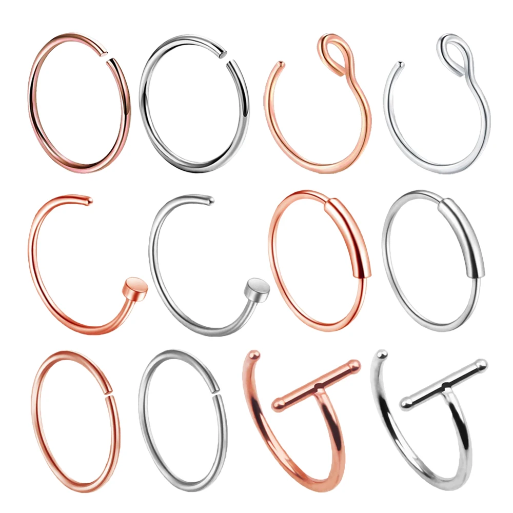 1pc 0.8*8mm Steel Thin Fake Nose Ring Septum Piercing Rosegold C-shaped Nose Rings Hoop Lip Ear Ring Body Jewelry Piercing Clip