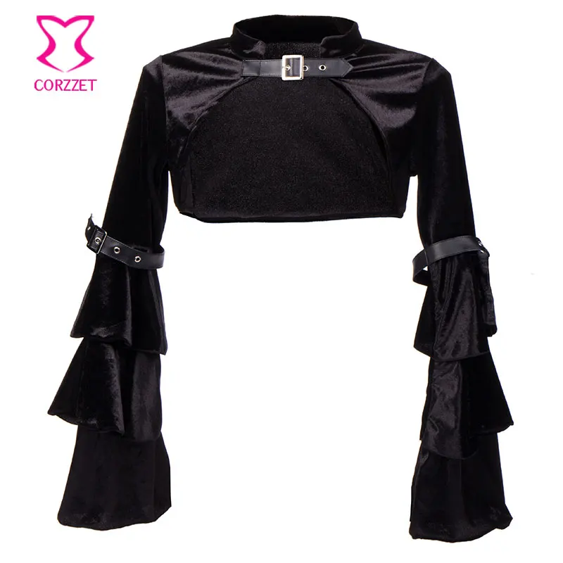 

Punk Gothic Black Velvet Ruffle Tiered Long Flare Sleeve Women Jacket Coats With Buckled Belt Steampunk Short Bolero Outwear