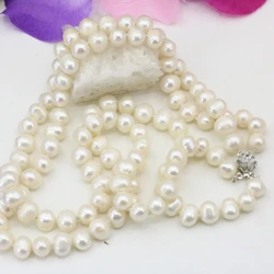 Natural white freshwater cultured 8-9mm pearl beads necklace for women 2 rows chain hot sale gifts choker jewelry 18inch B3229