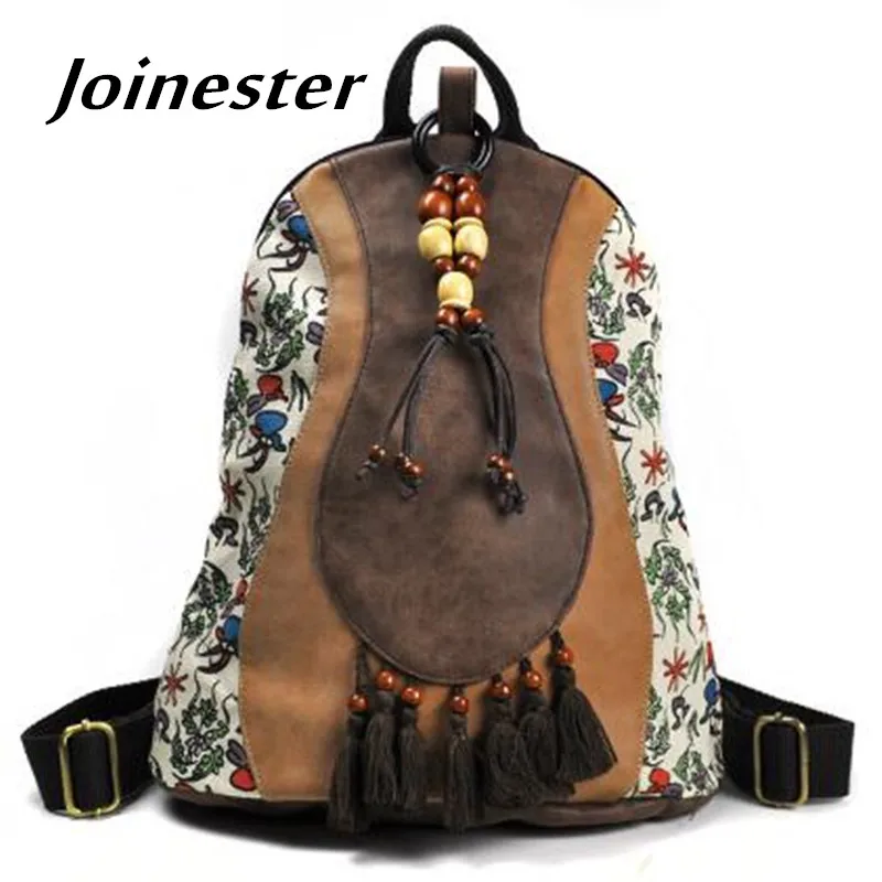 Girls\' Ethnic Trend Floral Print PU Casual Backpack with Wooden Beading and Tassels College Style Vintage Schoolbag Travel Bag