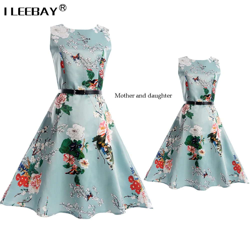 

New Mom Daughter Dress Vintage Print Sleeveless Teenage Girls Dresses Summer 2018 Mom and Girl Clothes Family Matching Outfits