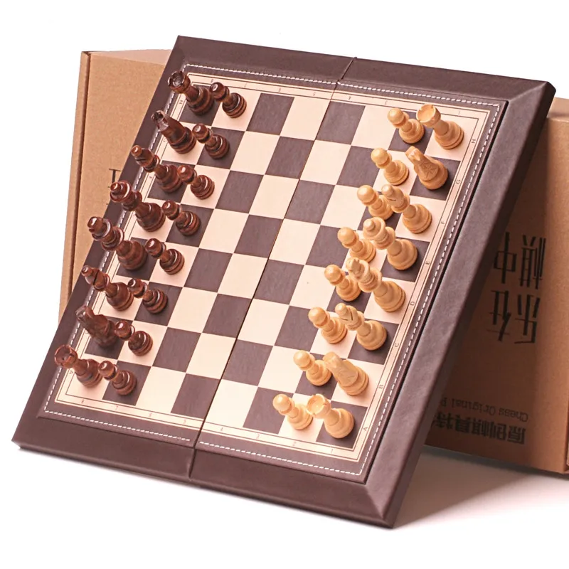 Chess Set Game of International Chess Folding Leather Feeling Chessboard Wood Chess Pieces Chessman Board Game