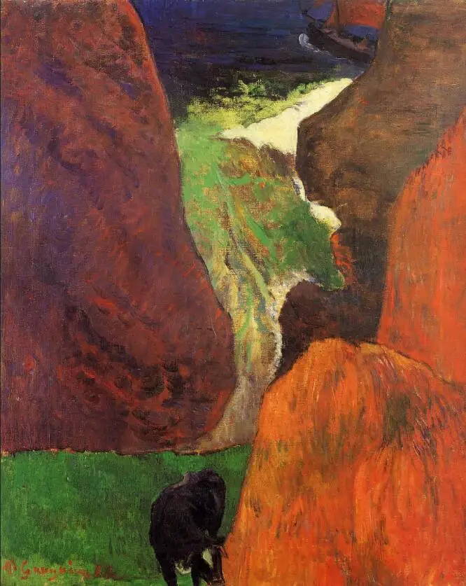 

High quality Oil painting Canvas Reproductions Seascape with cow on the edge of a cliff (1888) by Paul Gauguin hand painted