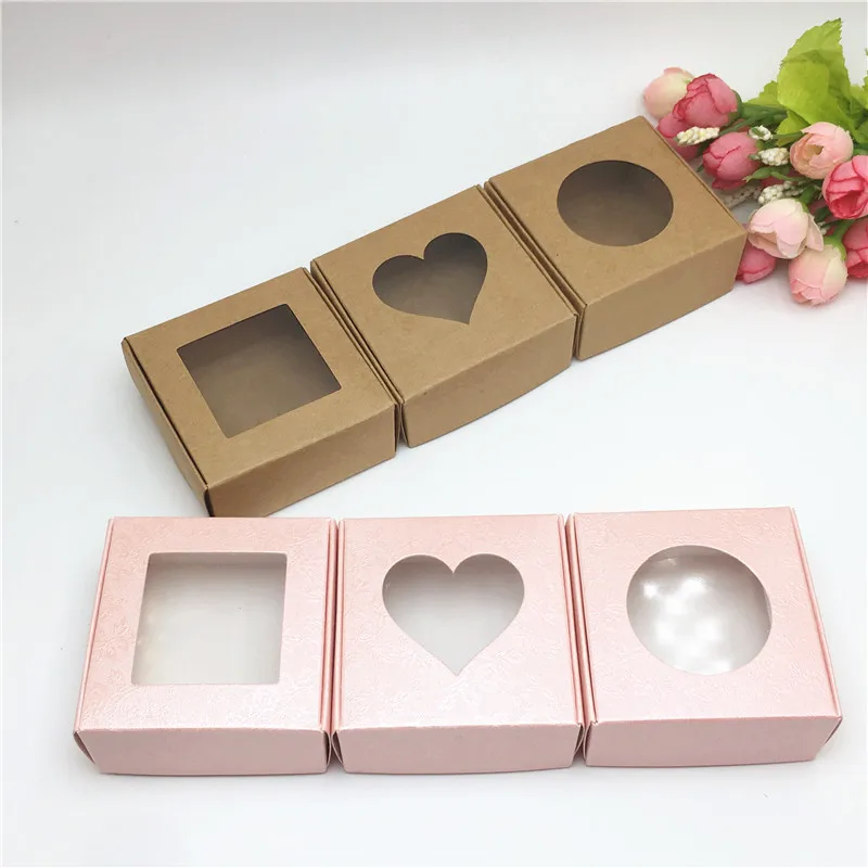 

50pcs Paper Cardboard Brown/Pink Rose Clear PVC Window Gifts Packing Box Products/Favors Jewelry Display Boxes 6.5*6.5*3cm