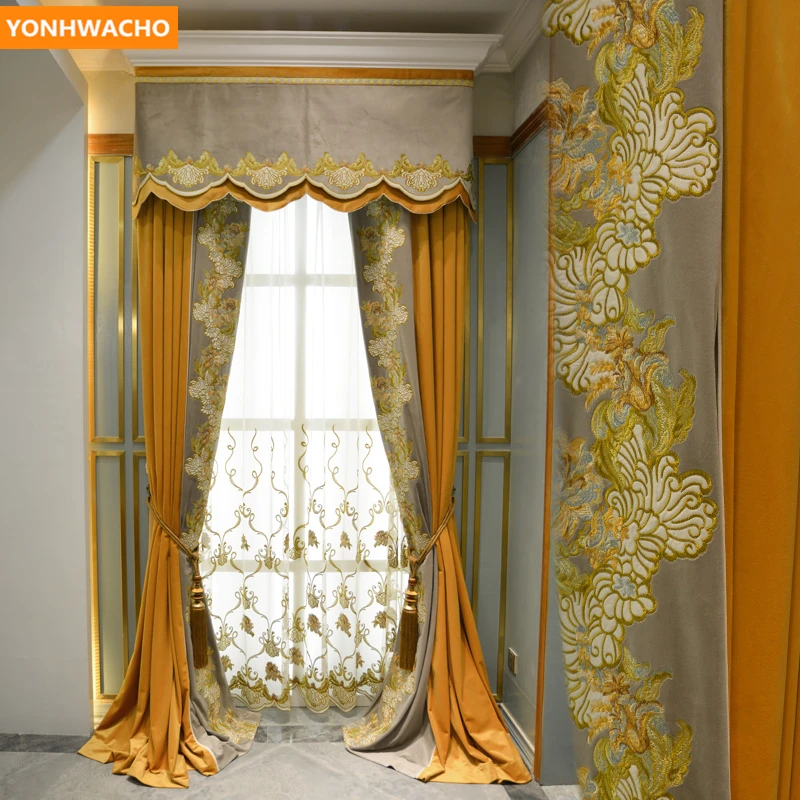 

Custom curtains living room upscale European embroidery thick velvet orange cloth blackout curtain tulle valance drape B408