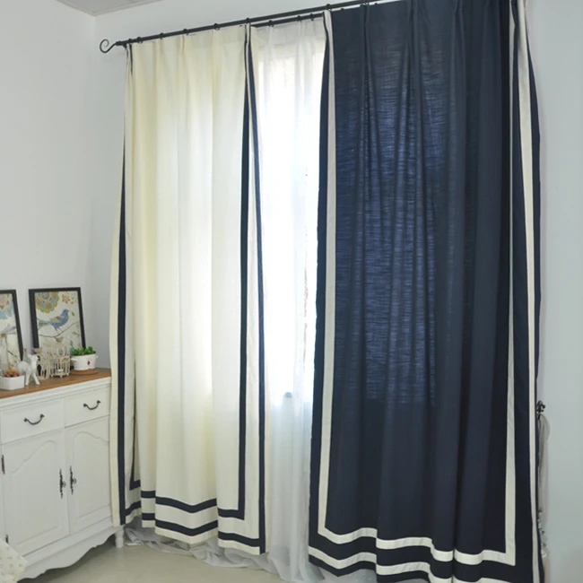 Cotton Linen Striped Edge Curtains, Luxury Brand Style, Blue and White, Living Room and Bedroom Door Curtain