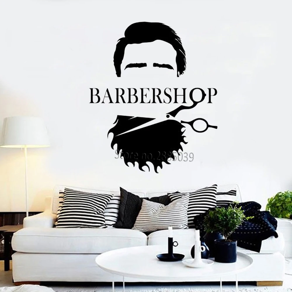 Cool Men Barber Shop Vinyl Wall Decal Barbershop Beard Scissors Logo Beauty Hair Salon Wall Stickers Shopwindow Decor Hot LC982