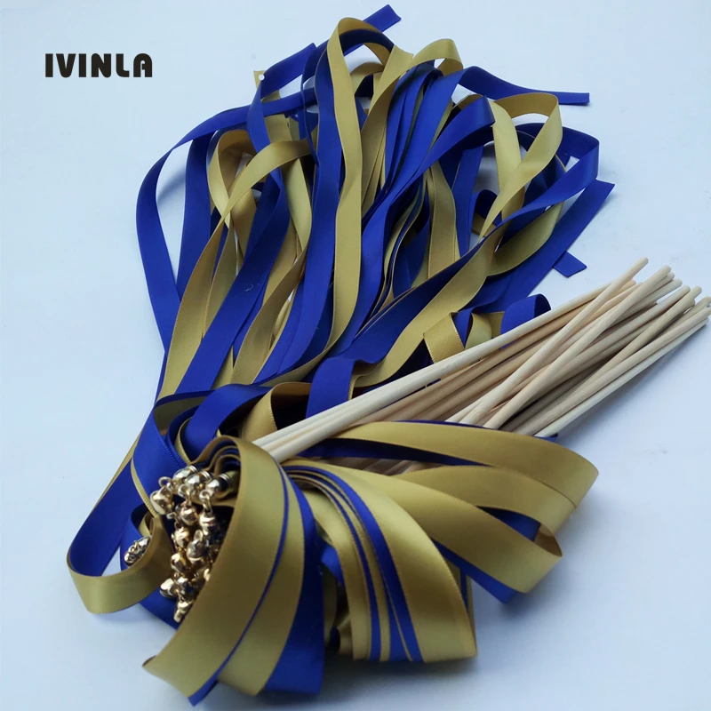 50pcs/lot Gold & Blue wedding ribbon wands With gold Bells for wedding party