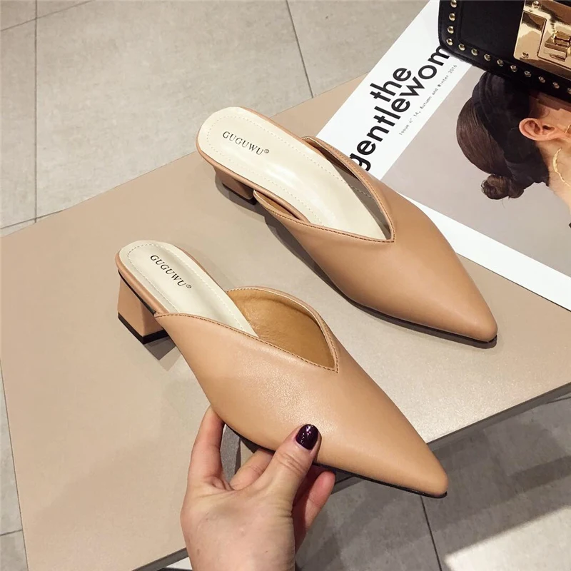 2021 Summer Fashion Women Pointed Toe Slipper Nude White Square Low Heels Outsides Ladies Slides Luxury Brand Beach Mules Shoes