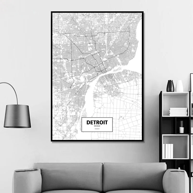 DETROIT, MICHIGAN, UNITED STATES Black White Custom World City Map Poster Canvas Print Nordic Style Wall Art Home Decor