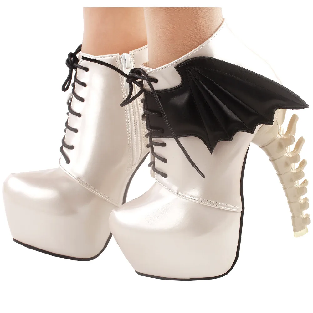 LF80658 Show Story Punk Two Tone Wings Lace Up Bone Heels Platform Ankle Boots