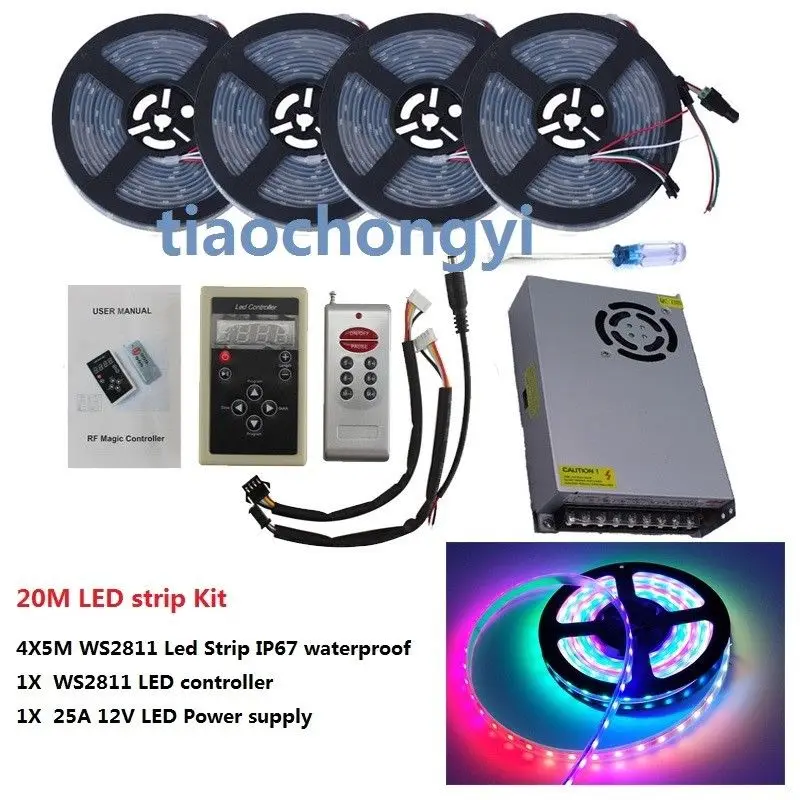 2021New 12V WS2811 RGB Addressable led strip IP67+RF Wireless Controller+power KIT