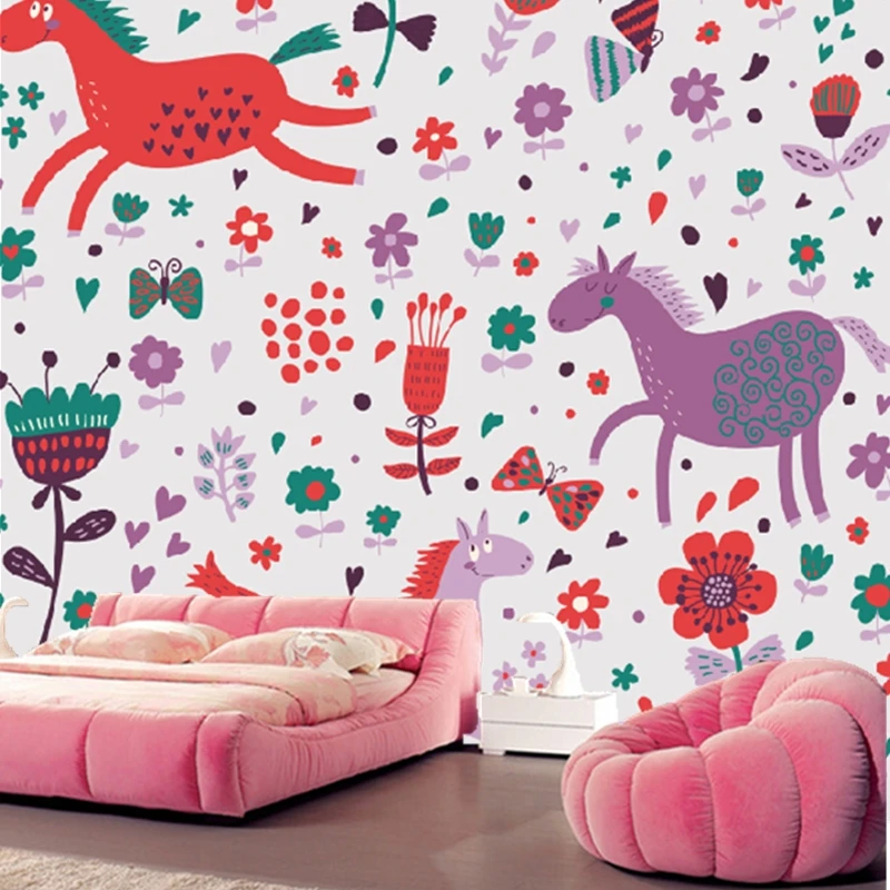 

Custom animation wallpaper. Cartoon horse floral for children's room living room bedroom backdrop waterproof papel de parede