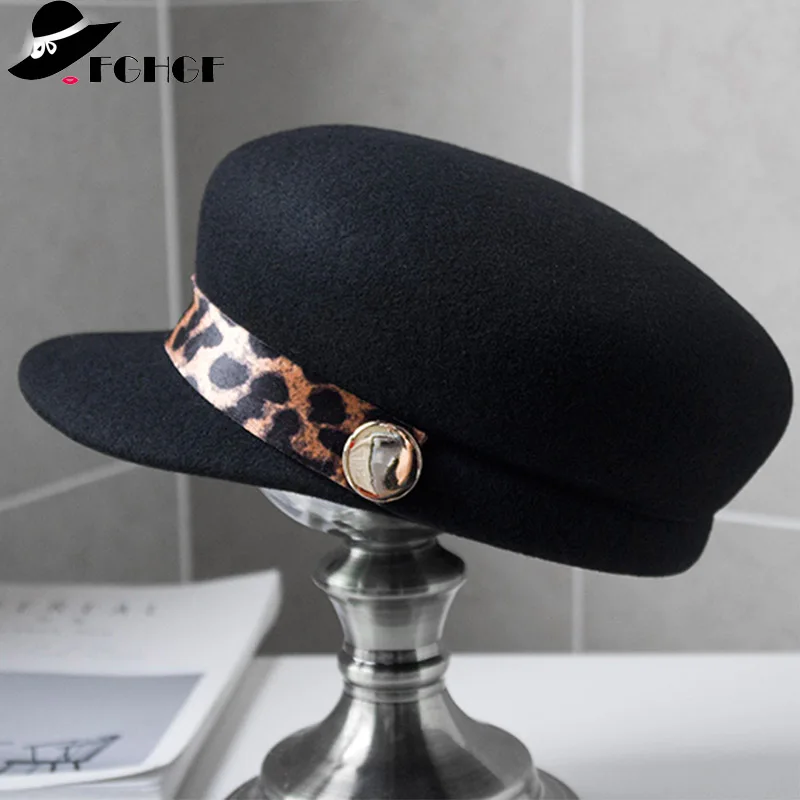 Vintage Style Black Leopard Band Winter Beret Cap 100% Wool Felt Hat Newsboy Cap for Women Warm Visor Hat Cap Ladies Cap