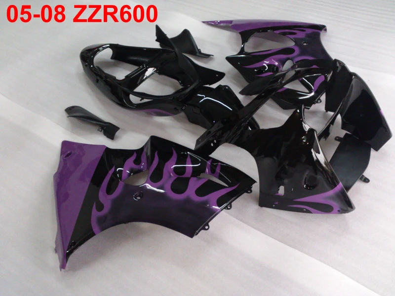 Injection mold high quality fairing kit for Kawasaki Ninja ZZR600 05 06 07 08 purple flaems black fairings ZZR600 2005-2008 TW34