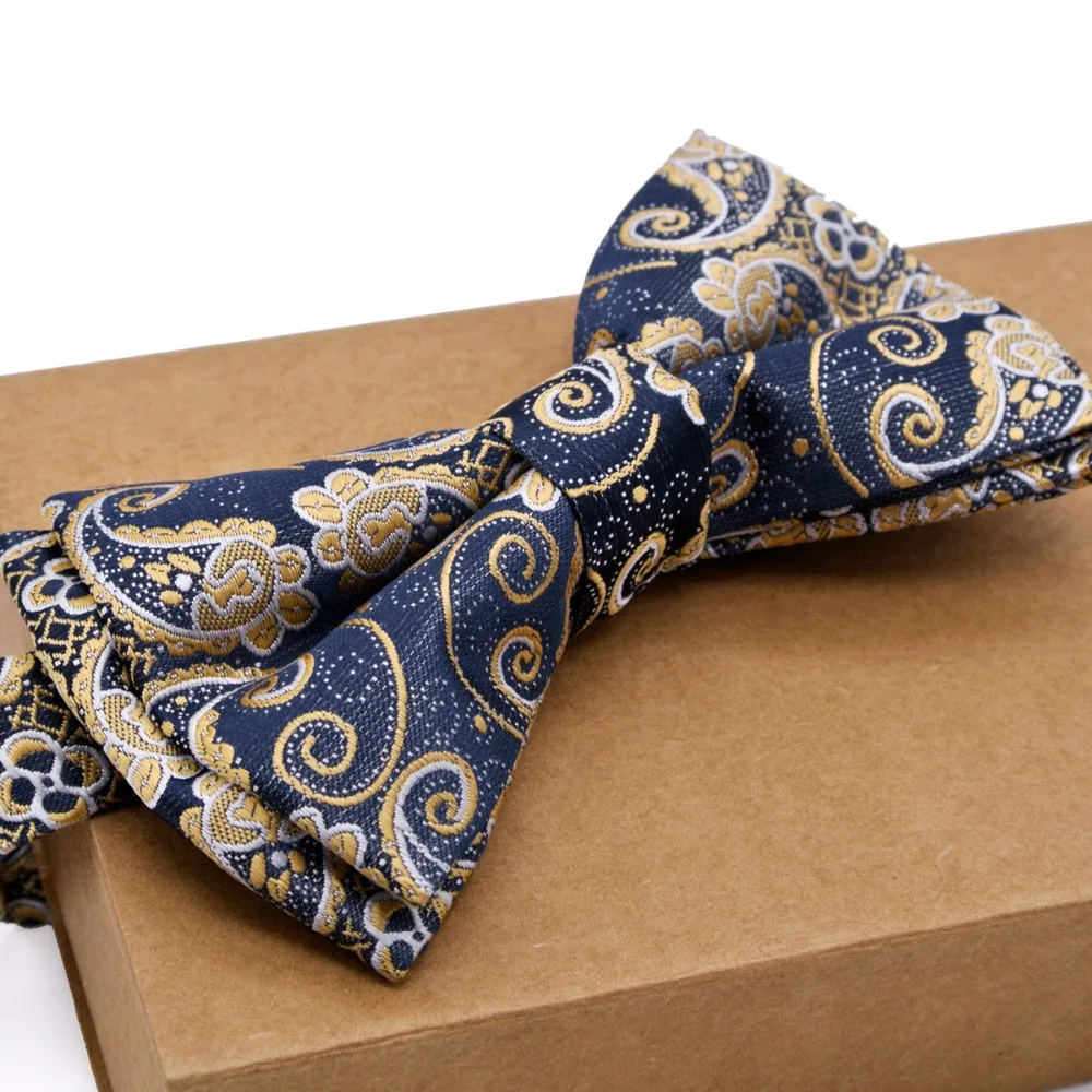 Paisley Floral Biru Kuning Khaki Emas Tuxedo Digunakan Diikat Mens Bow Tie Pocket Square 100% Sutra Set Adjustable grosir Pesta