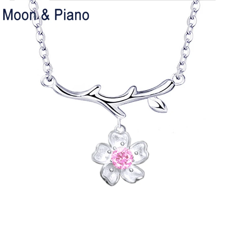 

925 Sterling Silver Sakura Necklace Sweet Cherry Blossoms Office Lady Fine Jewelry for Woman Wedding Gift New Arrivals