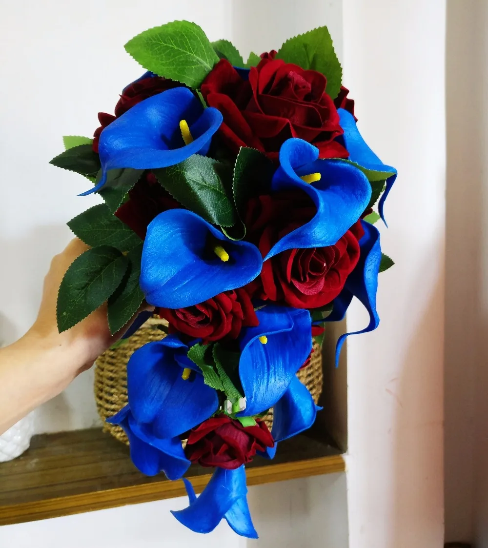 New Bridal Bouquet for Wedding Decoration Blue and burgundy Wedding Bouquet Cascading Ramo De La Boda букет невесты