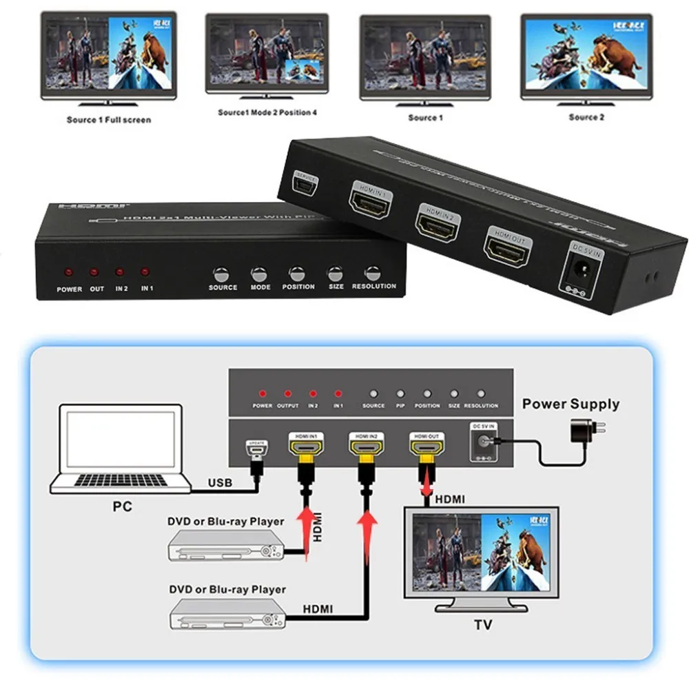 2port HDMI Switch Dual Picture Screen Spliter Multi-viewer HDMI 2x1 Seamless Switcher Converter PIP POP 1080P Not Black Screen