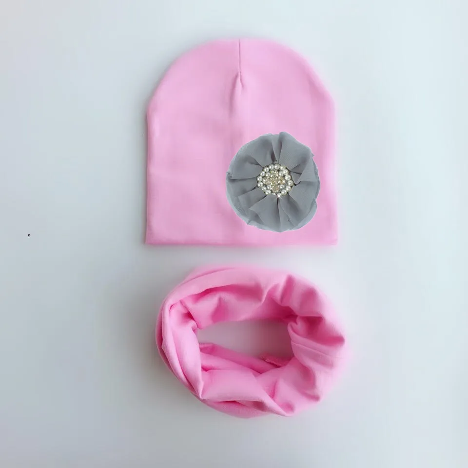 band  toddler girl flower hat baby cap Collar Scarf set floral diamond pearl cotton beanie for girls   bonnet 1-3 years