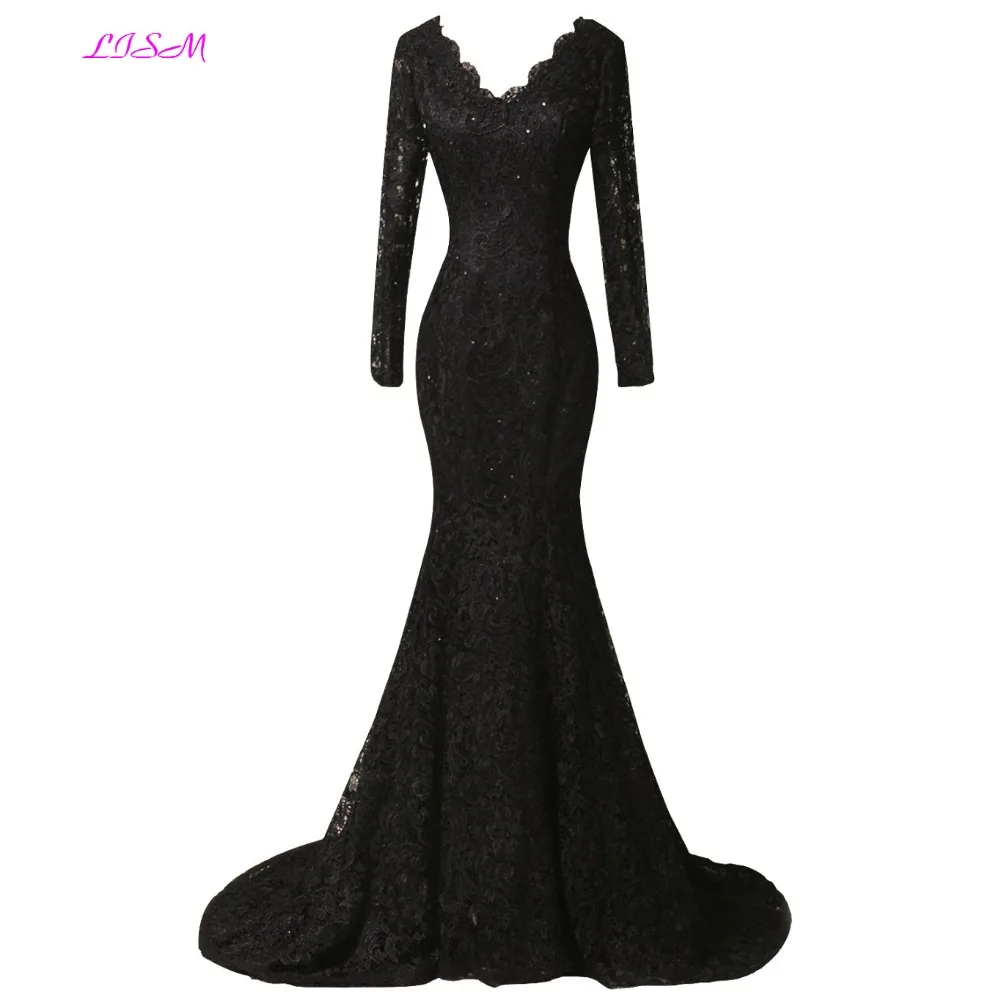 Black Lace Avondjurken V-hals Lange Mouwen Prom Partij Jassen Real Foto Applicaties Kralen Formele Jurk Robe De Soiree