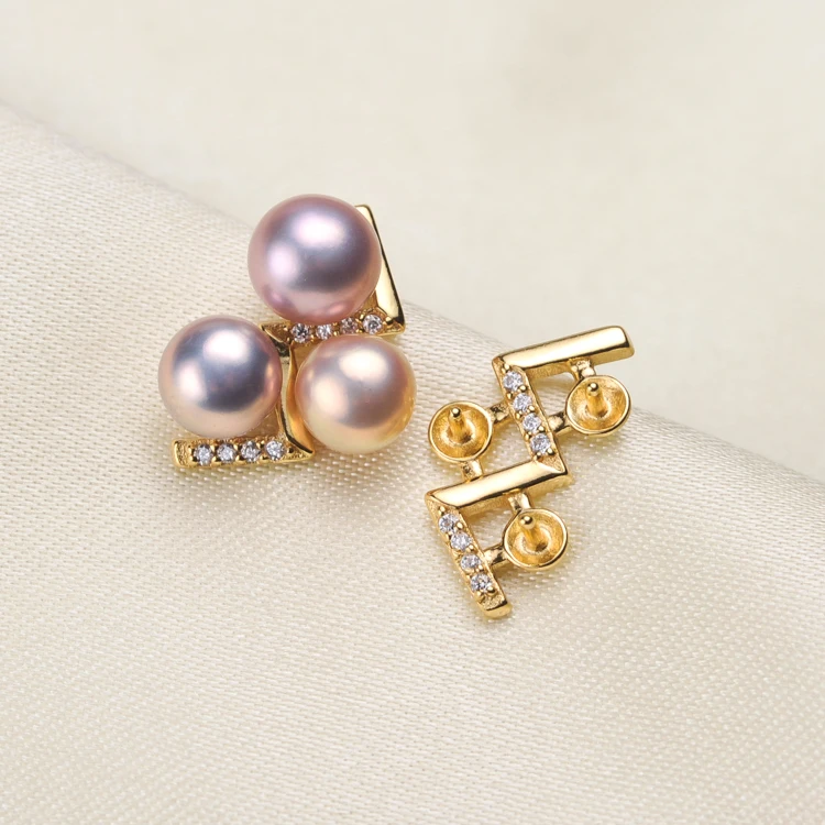 

S925 Sterling Silver 3Pieces Pearls Stud Earrings Settings Women DIY Pearl Earrings Components Silver&Gold Color 3Pairs/Lot