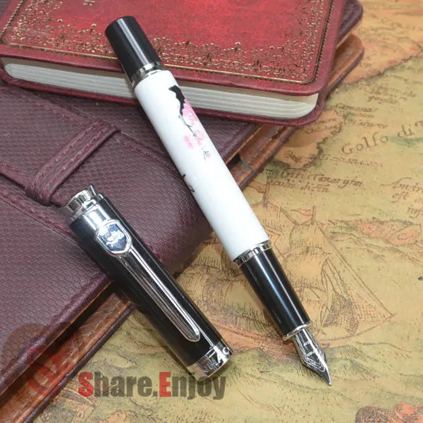 JINHAO 8802 WHITE PORCELAIN 18 KGP FINE NIB FOUNTAIN PEN PINK PLUM BLOSSOM