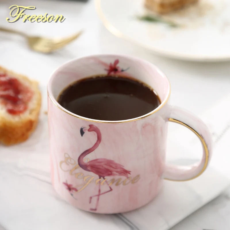 Flamingo Gold Inlay Marble Mug Lover Coffee Mug Romantic Porcelain Tea Mug Ceramic Tea Cup Valentine Coffee Cup Tumbler Dropship