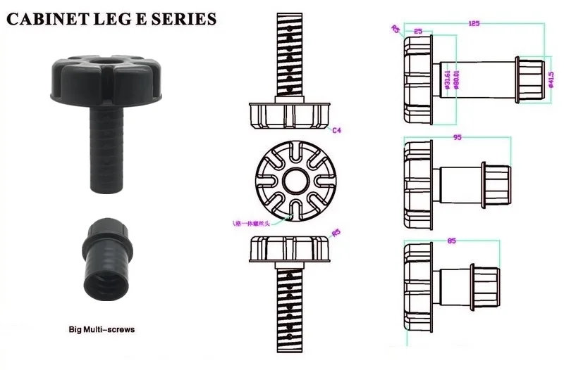 UKE 125-195mm Adjustable Feet Cabinet Foot Circular Plastic Thick and strong Adjustable Furniture Feet  PP Black Foot  Leg