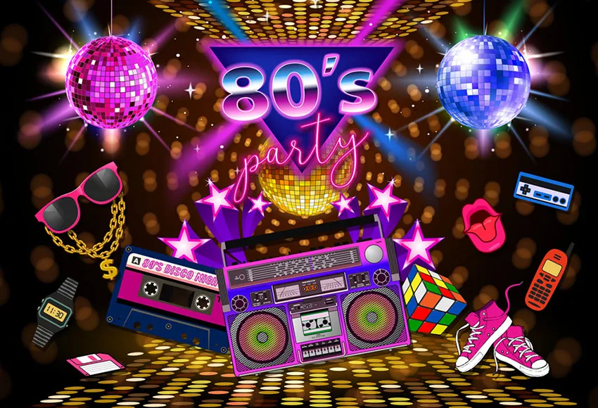 10x10FT 2 Style Let's Neon Glow 80s Music Party Cassete Dance Pastel Paint Custom Photo Backdrops Backgrounds Custom Vinyl 3x3m