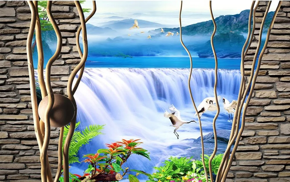 

landscape brick wall TV backdrop 3d stereoscopic wallpaper waterfall Landscape wallpaper murals waterfall