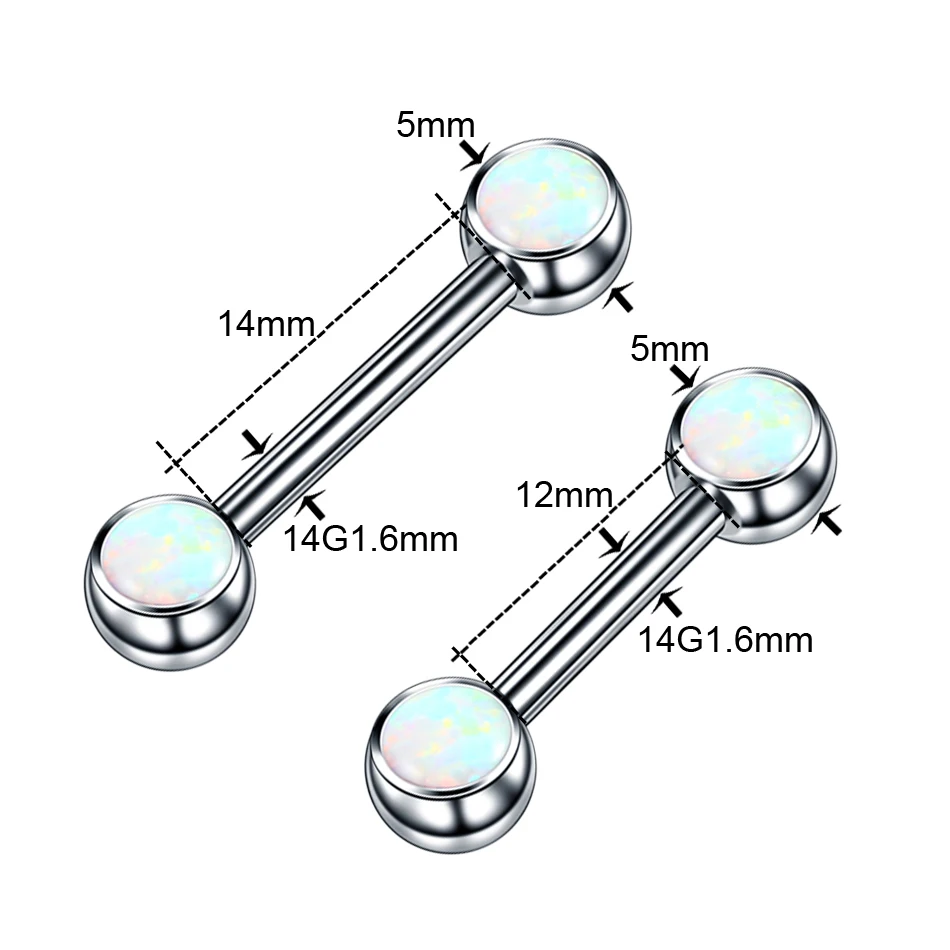 1PC 14G Titanium Nipple Piercing Opal &Crystal Nipple Shiled Bars Internally Thread Industrial Helix Tongue Barbell Piercings