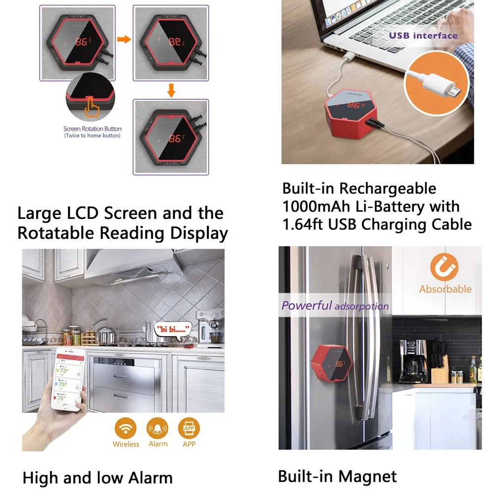 INKBIRD IBT 2X 4XS 6XS 3 Types Food Cooking Bluetooth Wireless BBQ Thermometer Probes Timer For Oven Meat Grill Free App Control