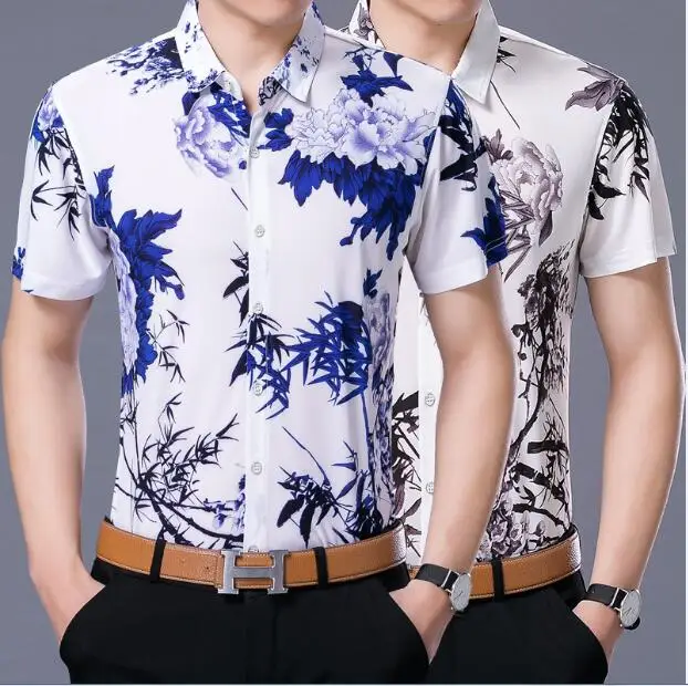 

2017 New Fashion Casual Men Shirt short Sleeve Flower Color Shirt Men Turn-Down Collar High Quality Mens Dress Shirts