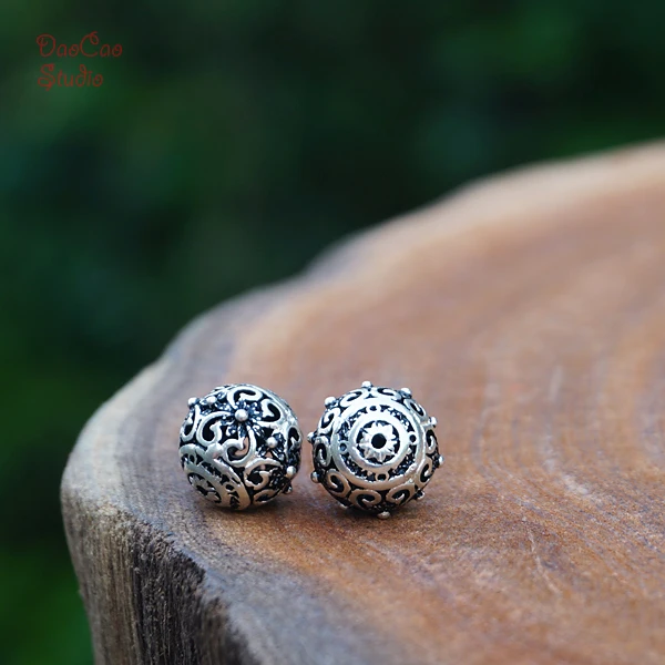 10mm 2pcs 925 Sterling Silver Beads Carved Flower Dot Mala Bead Japa Beads Bracelet Earrings Jewelry Findings DIY Accessories