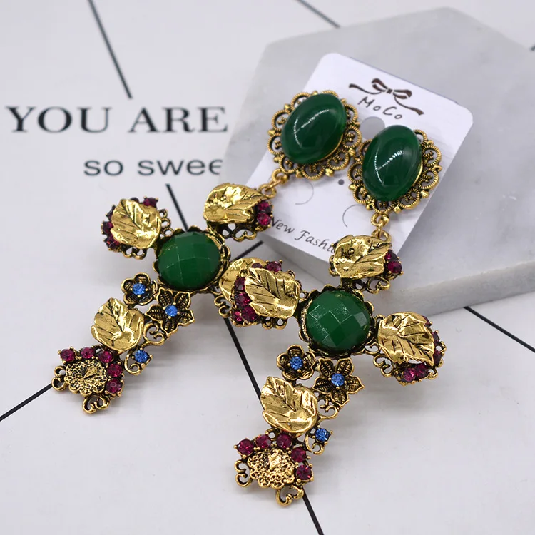 Classic Leaf floral vintage cross long earrings for woman Pendientes mujer серьги женские boucle d’oreille femmes