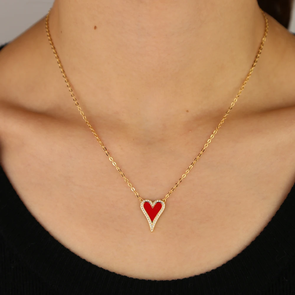Delicate Shiny Micro Pave Cz White Red Black Cute Heart Shape Pendant Necklace For Women Girl Lovely Charm Fashion Jewelry