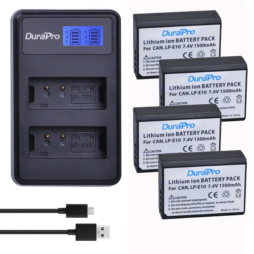 

DuraPro 4pcs LP-E10 LP E10 LPE10 Camera Li-ion Battery + LCD USB Charger For Canon 1100D 1200D Kiss X50 X70 Rebel T3 T5 Camera