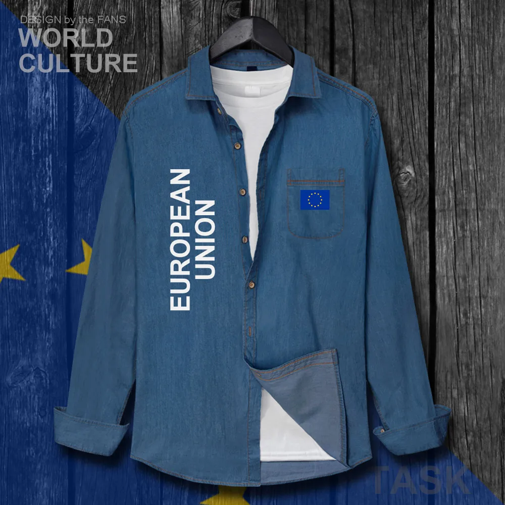 European Union United in Diversity EU EUR Men clothes Autumn Cotton Turn-down Collar Jeans Shirt Long Sleeve Tops Cowboy Coat