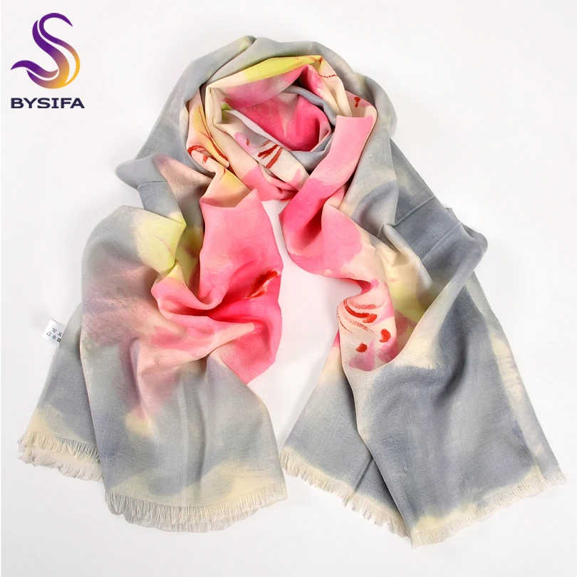 [BYSIFA] Winter Long Scarves Women Grey Pink Wool Scarf Shawl Spring Autumn Top Grade Australian Wool Scarves Wraps 180*70cm