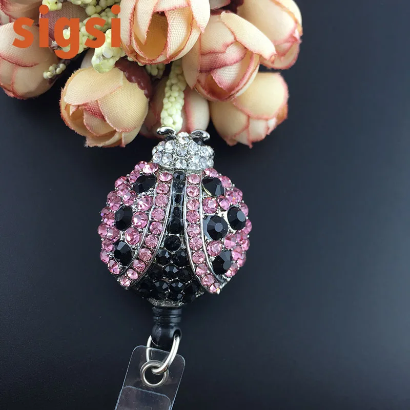 Fashion Hot Selling pink Rhinestone Crystal Ladybug Retractable Crystal Badge Reels / ID Badge Reel Holder