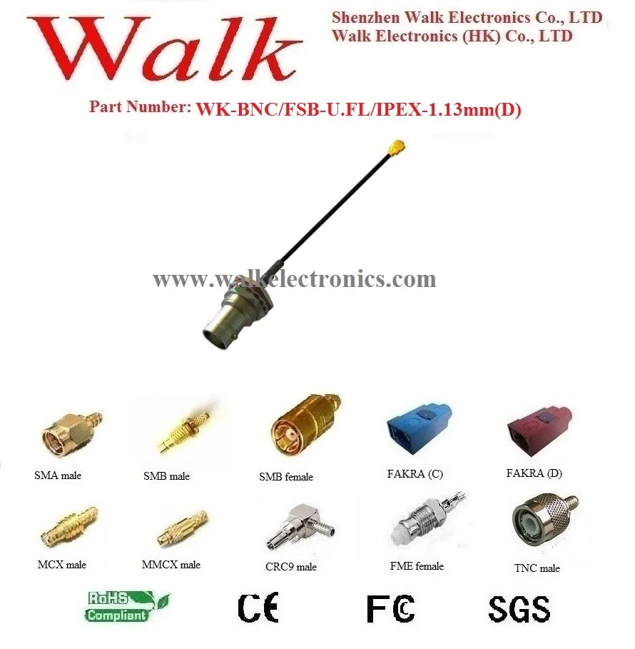 

BNC antenna interface cable: BNC female straight bulkhead to U.FL IPEX connector with 1.13mm(D) cable