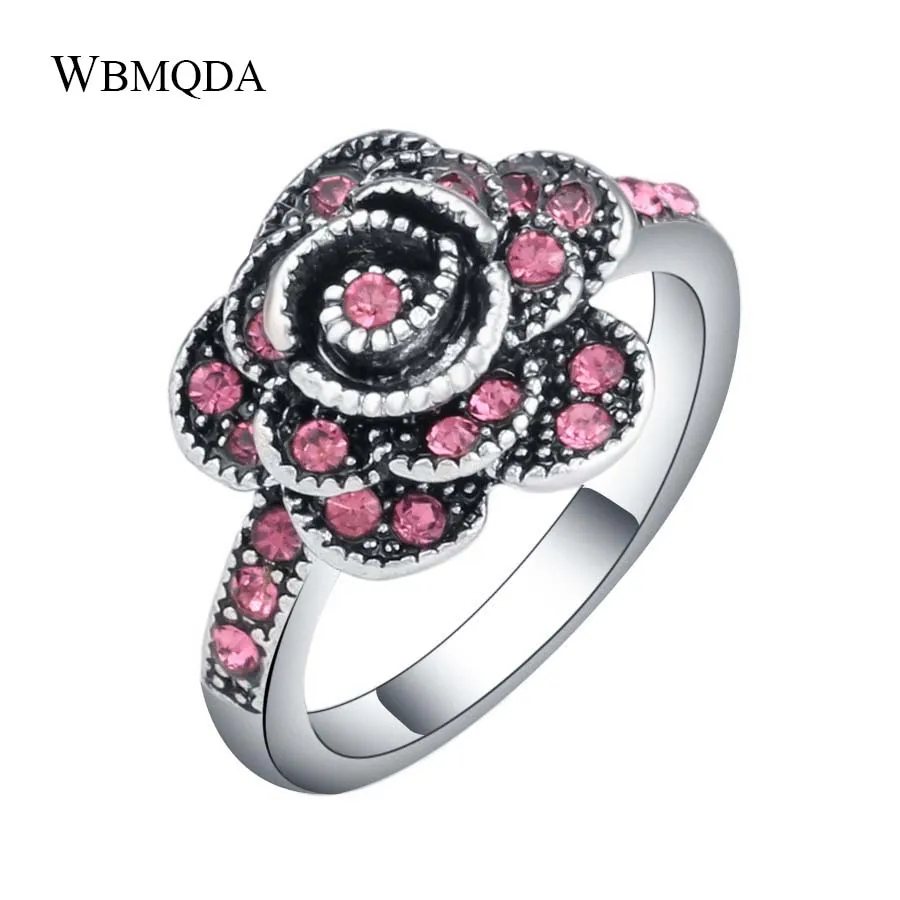 2018 New Fashion Flower Pink Crystal Ring Silver Color Love Wedding Rings For Women Vintage Jewelry Gift Wholesale Lots Bulk