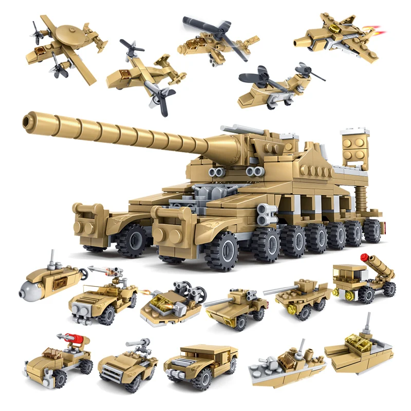 

KAZI 16in1 544Pcs Building Blocks Military Vehicle 16 Assembled 1 Super Tank Army Brick Block Set Toys For Children Boys