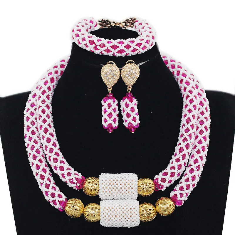 

2017 New Nigerian Women Costume Jewelry Set Amazing Pink African Bead Statement Necklace Set Wedding Silver Free ShippingABH549