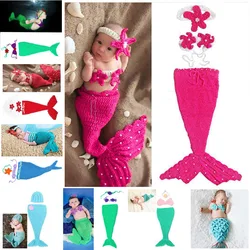 Baby Crochet Mermaid Animal Costume Set Newborn Photo Props Infant Knitted Pearl Cocoon with Flower Headbands SG051